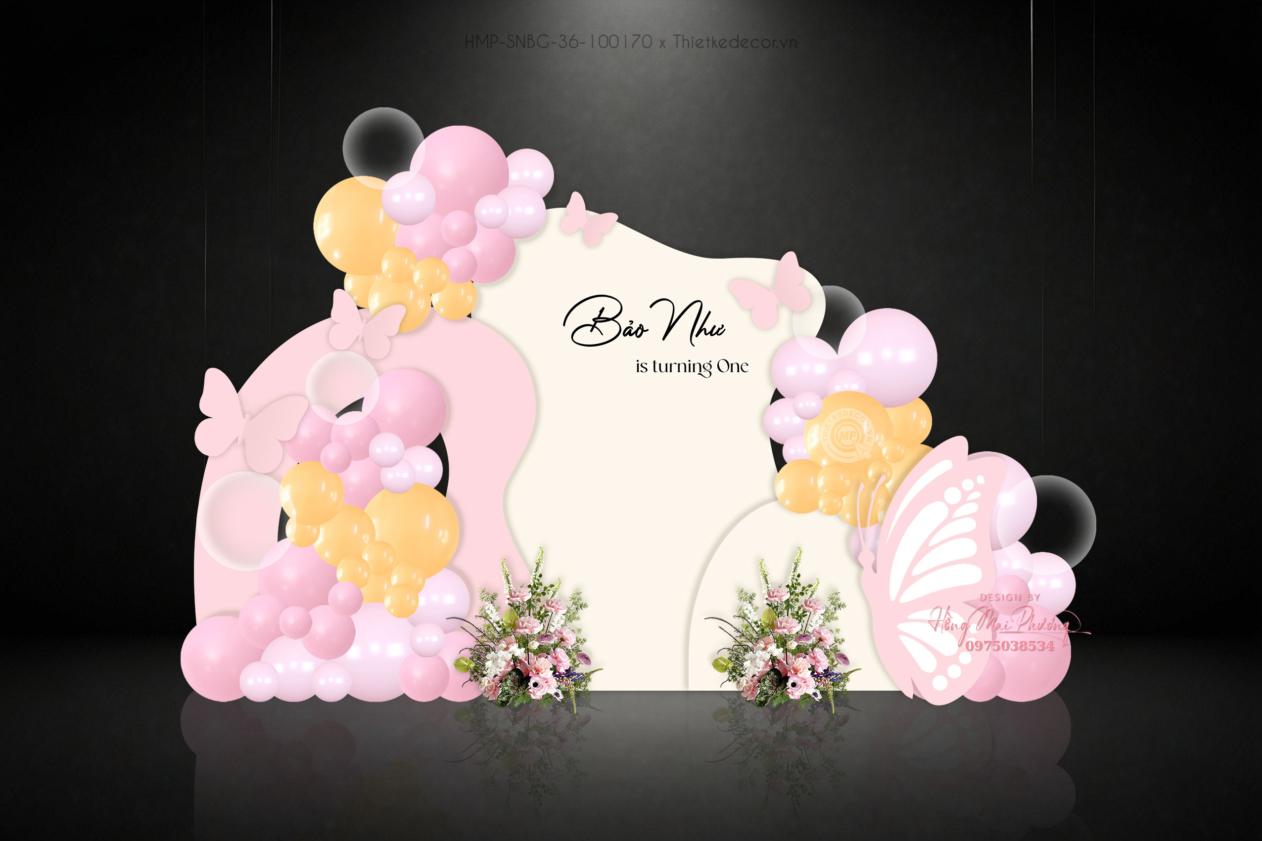 Sinh nhật bé gái shape uốn lượng mix 2 màu hồng và kem & bướm